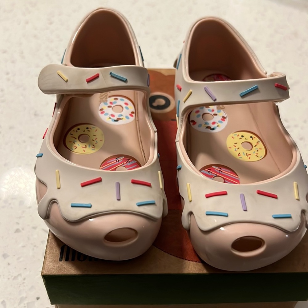 Mini Melissa donut theme toddler shoes in pink beige; gently used